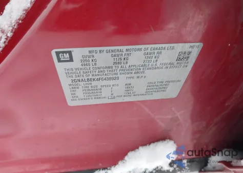 2015 Chevrolet Equinox 1Lt из США, поврежденный, VIN 2GNALBEK4F6438920